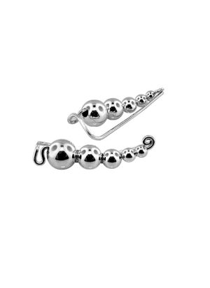 Matching set of silver ear climbers with five beads going from large to small (bottom to top) in silver beads. | Ear Curls, Ear Climbers