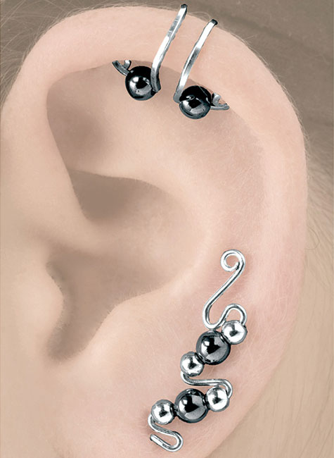 A ear cuff and ear curl set of earrings, silver with black beads and smaller silver beads. | Ear Curls, Ear Climbers