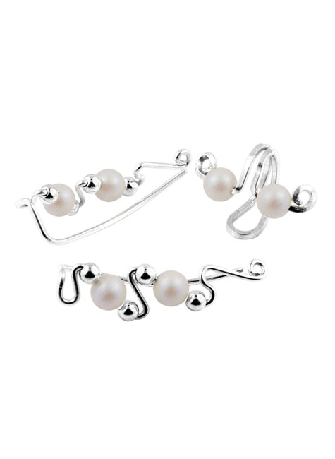 This three piece set shows an ear cuff with two pearl beads, and two ear climbers with pearl beads and silver beads. | Ear Curls, Ear Climbers