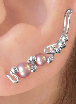 Ear climber with two larger pink pearl beads and seven smaller silver beads. | Ear Curls, Ear Climbers