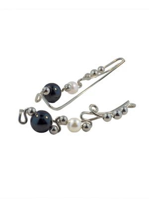 Pair of ear climbers with two larger navy beads, two medium size pearl beads and six smaller silver beads. | Ear Curls, Ear Climbers