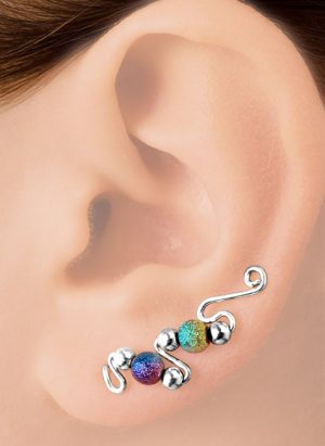 Ear climber with textured rainbow coloured beads and four smaller silver beads. | Ear Curls, Ear Climbers