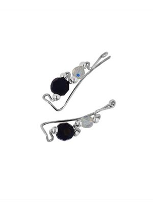 Pair of ear climber style earrings with black textured beads and smaller clear textured beads. | Ear Curls, Ear Climbers