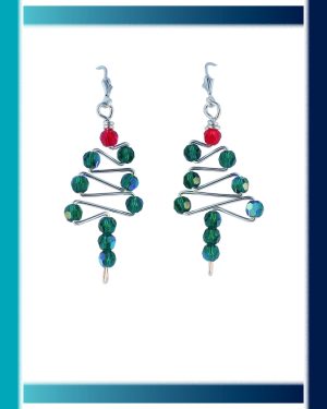 drop earrings in the shape of a traditional Christmas tree. red bead at the top and great beads the rest of the way down the earrings | Ear Curls, Ear Climbers