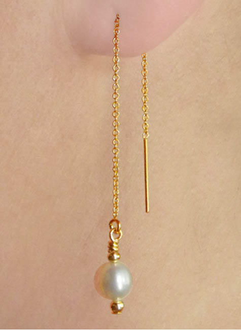 Long drop earring threader with a single white freshwater pearl. | Ear Curls, Ear Climbers